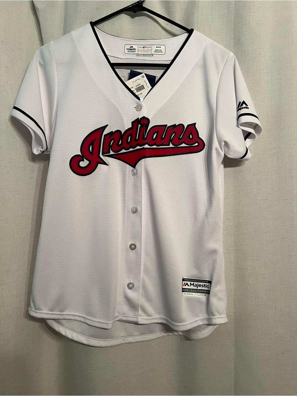Majestic White Women’s Cleveland Indians Button-Up Lindor Jersey with Red Script